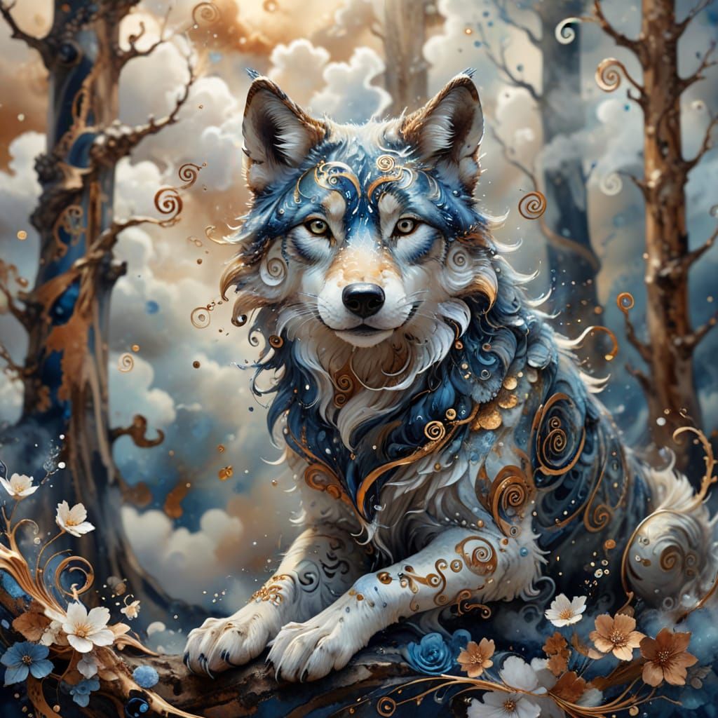 (wolf:1.2), Natasha Wescoat and Willem Haenraets, (spirals and swirls in the clouds:1.5), nacre and deep blue dominant, ...