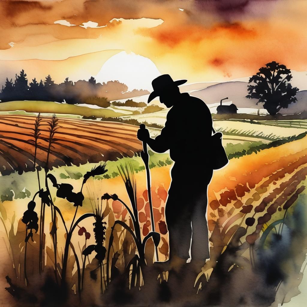 Farmer Silhouette at Sunrise in Watercolor Style
