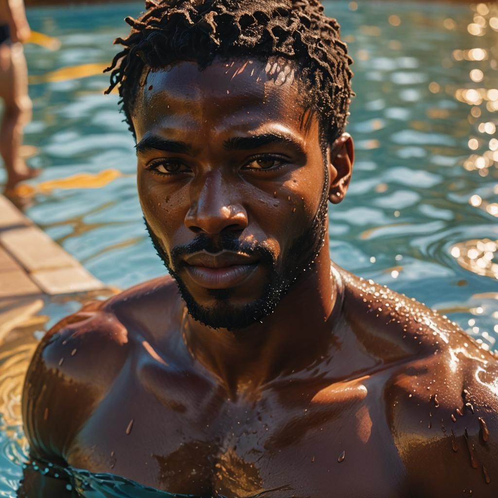 Man Exiting Pool in Vibrant Oil Painting Style
