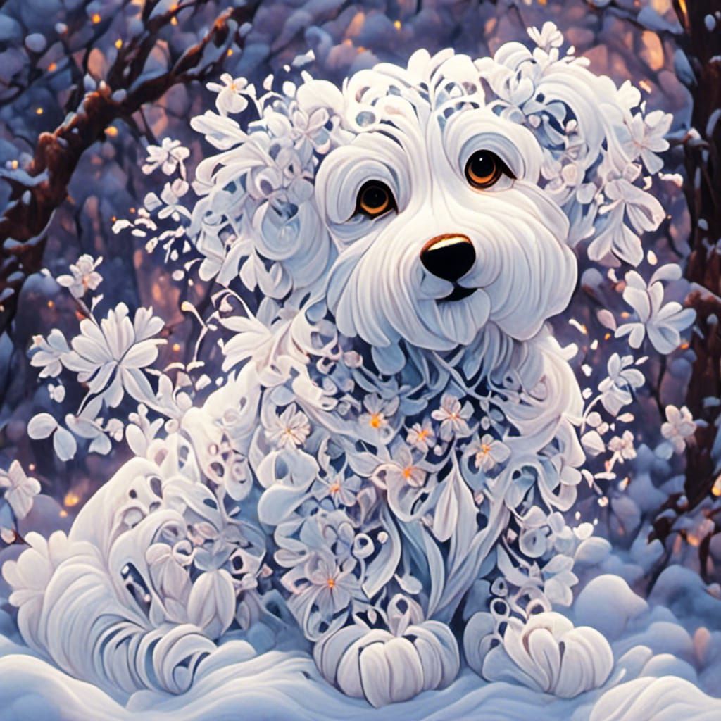 Lace Dog in Snow: Detailed Artistic Rendering