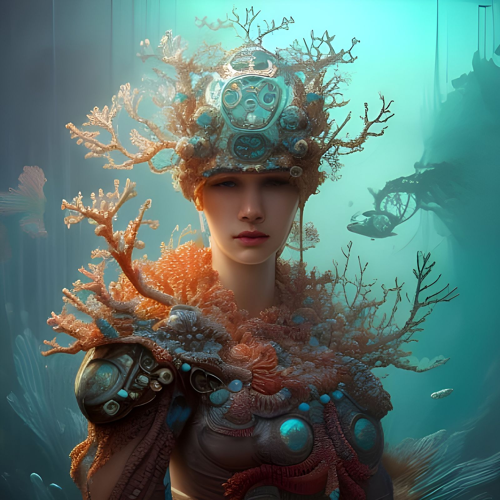 Majestic Coral Queen in Intricate Armor