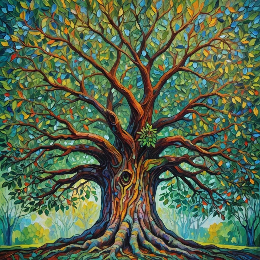 Majestic Tree of Knowledge in Expressionist Oil Painting
