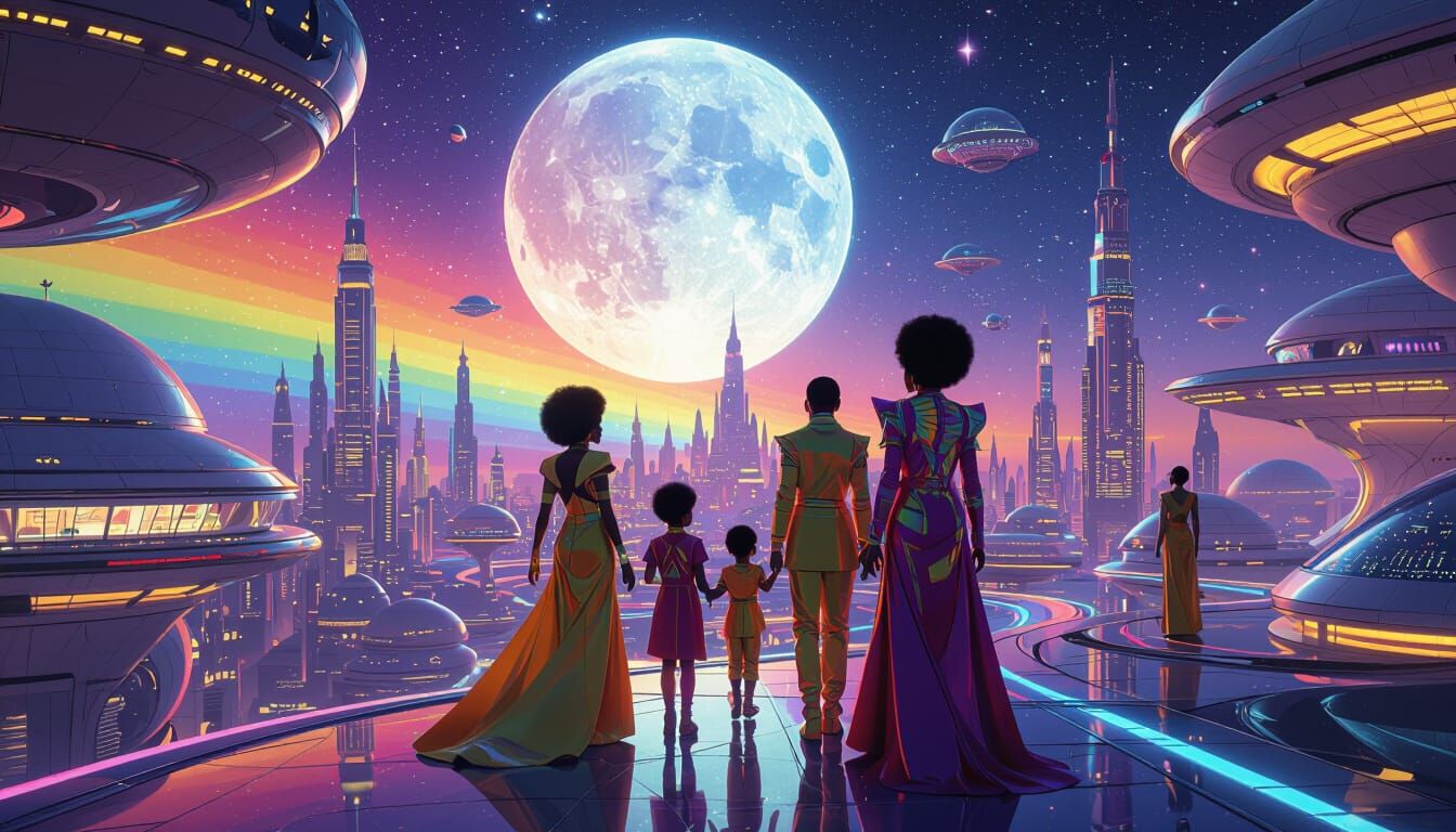 Afro-Futuristic Celebration on a Luminous Moonbase City