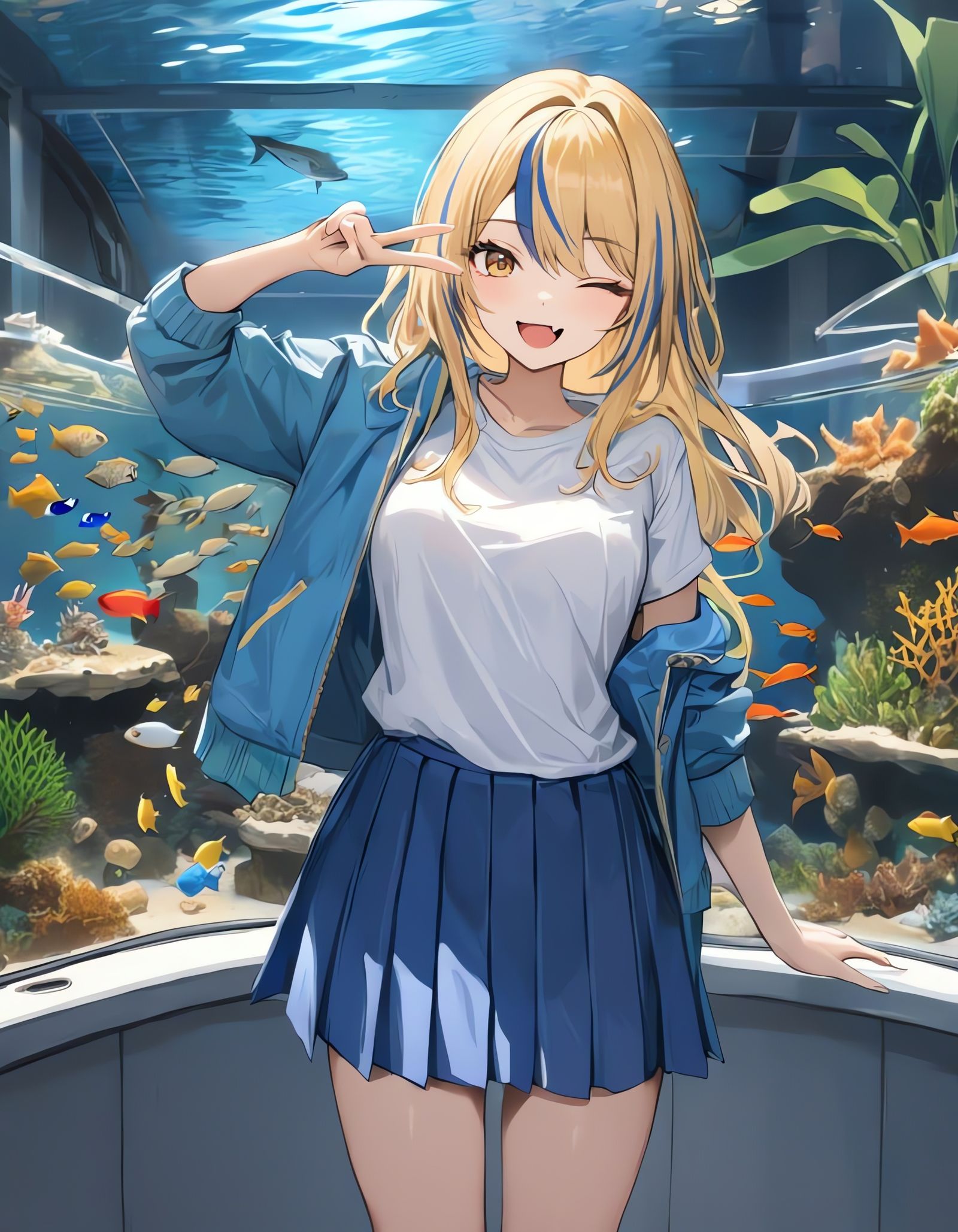 Cheerful Blonde Girl Stands in a Room with an Aquarium