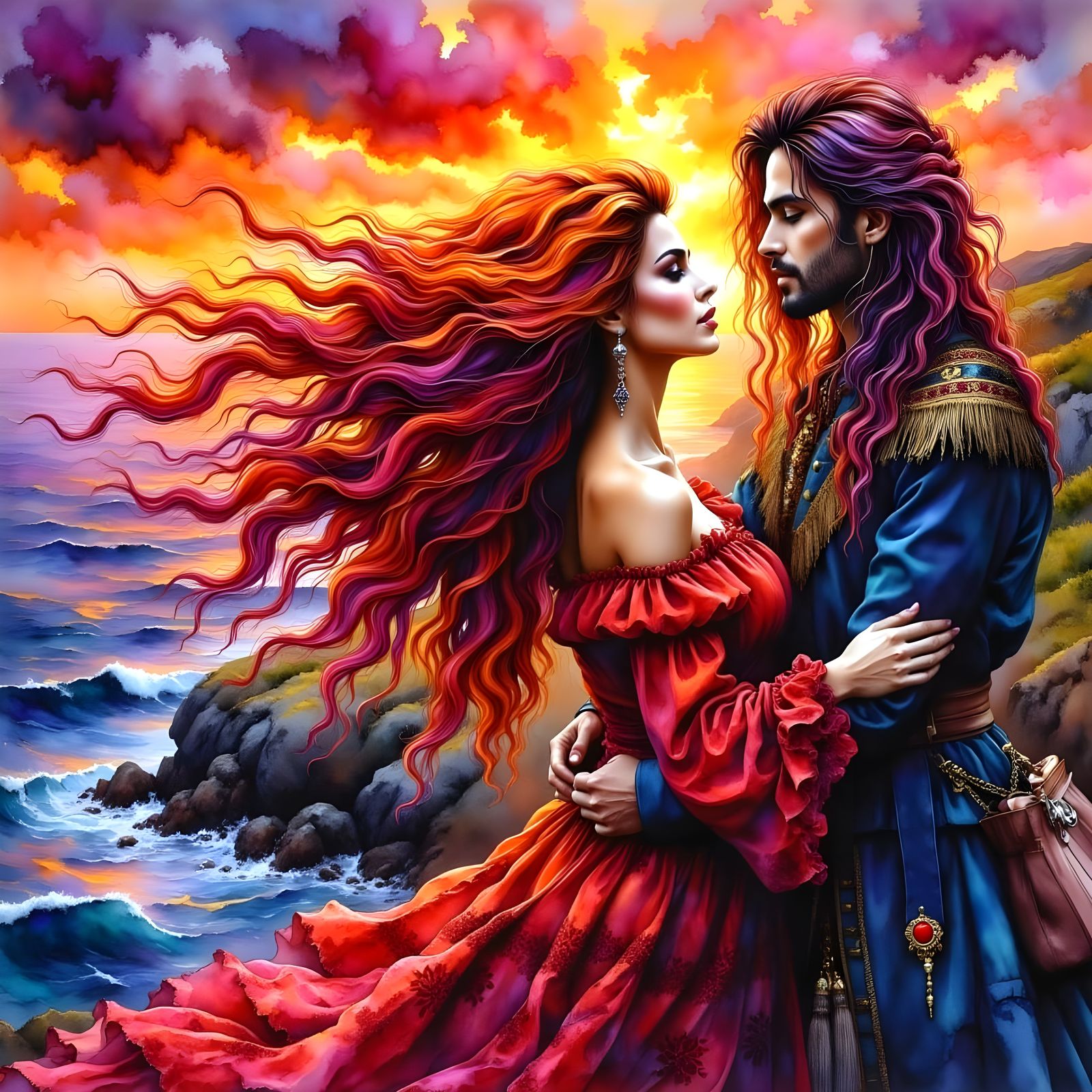 Romantic Irish Pirate Queen and Her Dashing Lover at Sunset