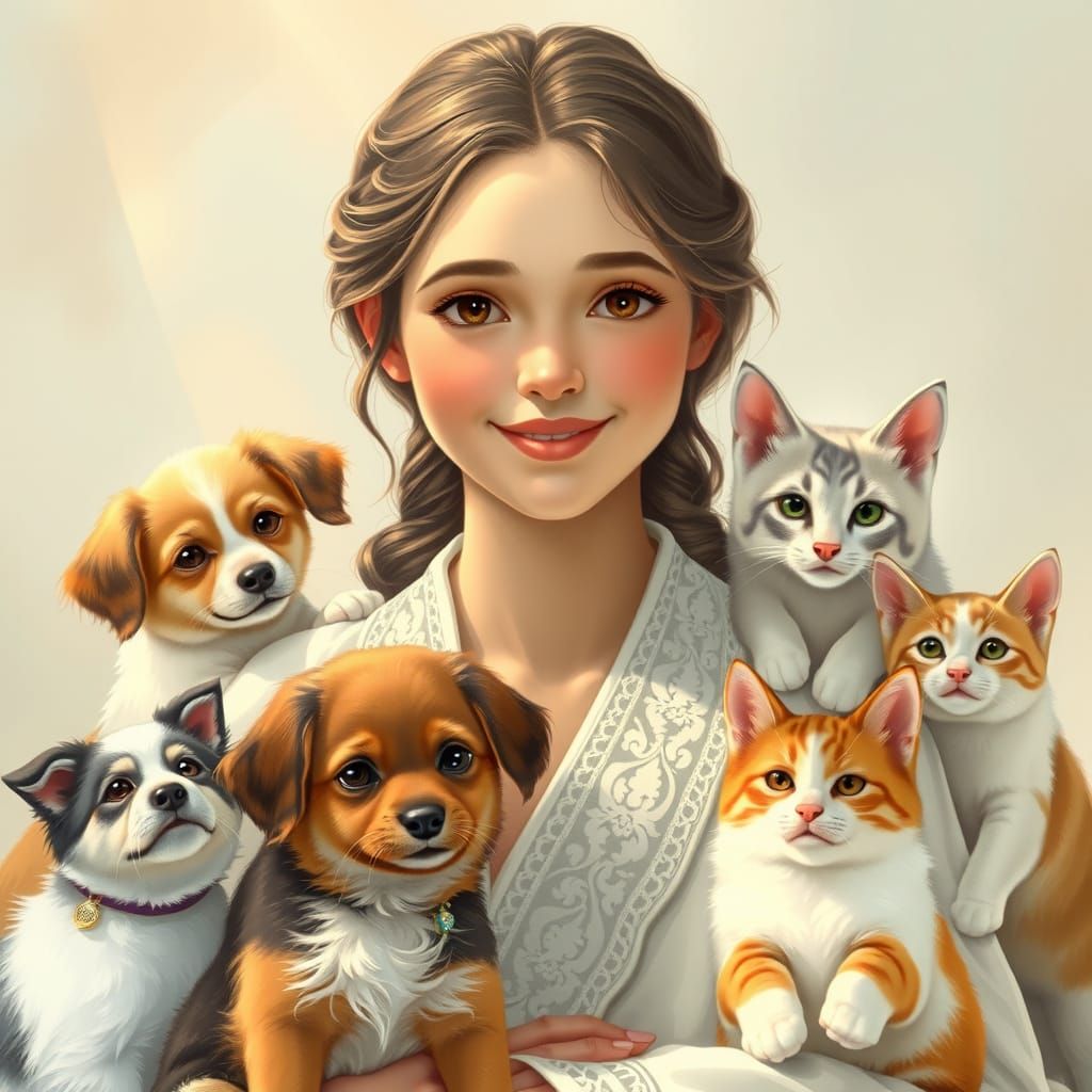 Gentle Young Woman Surrounded by Adorable Pets in Whimsical ...