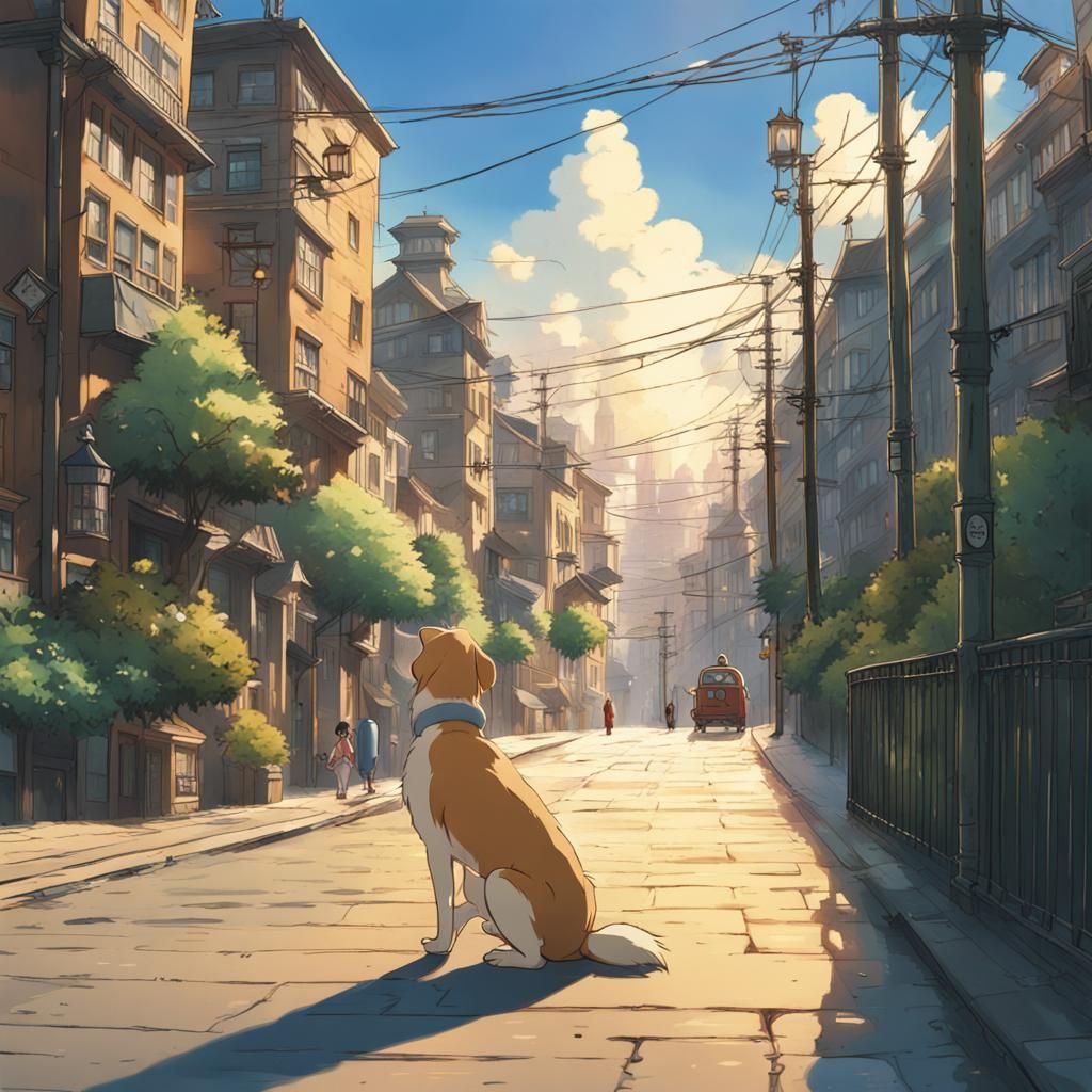 Happy Dog in City: Studio Ghibli Anime Visual