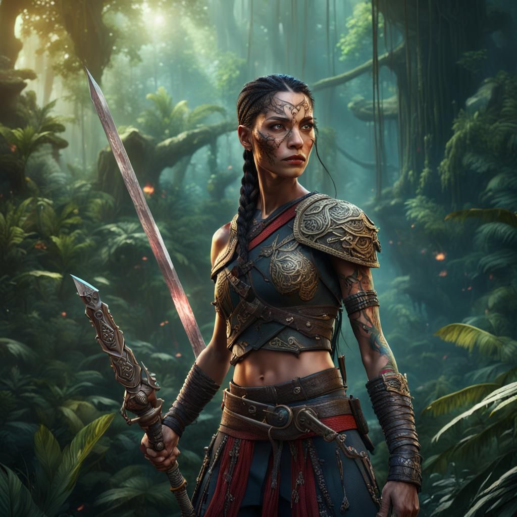 Fierce Sword Fighter in Fantasy Jungle, Detailed Matte Paint...