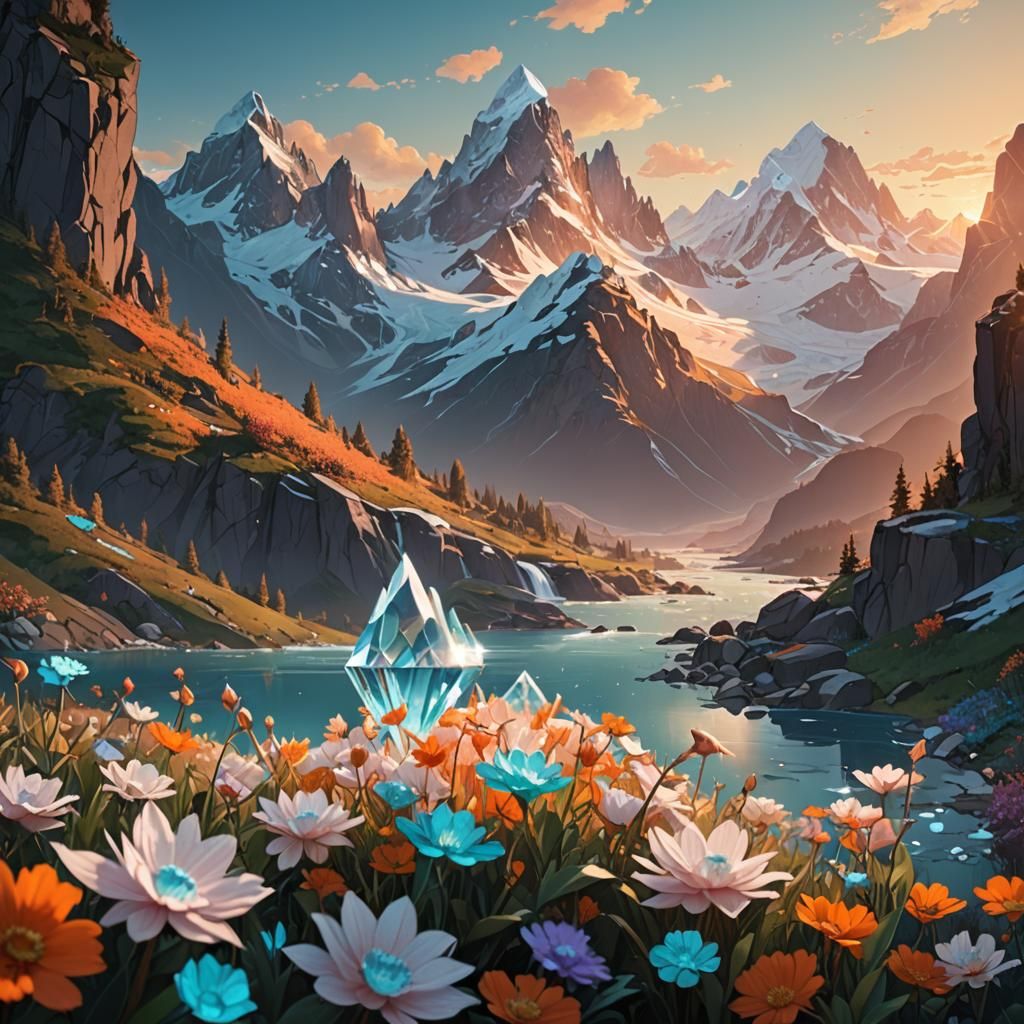 Sunrise Over Mountains with Crystal Flowers