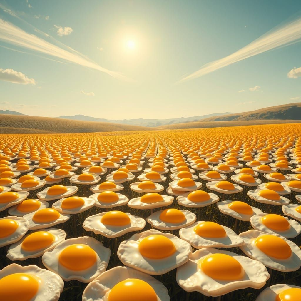 Whimsical Dreamscapes: Golden Fried Eggs in a Surreal Landsc...
