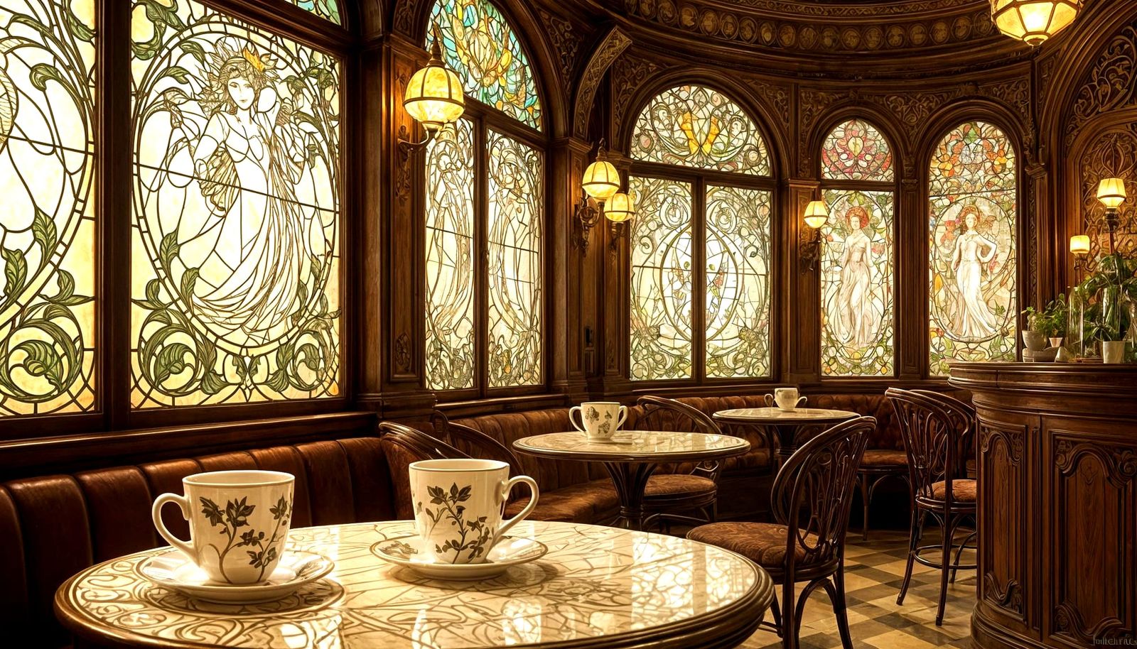 Art Nouveau Enchanted Cafe with Living Mugs
