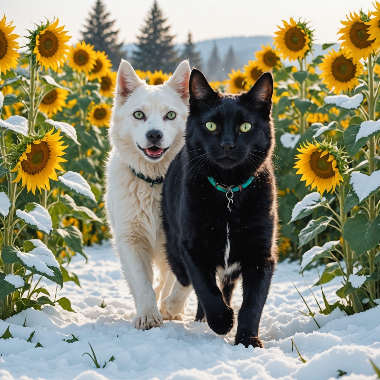 Black Cat & White Dog Play in Snowy Sunflower Pasture