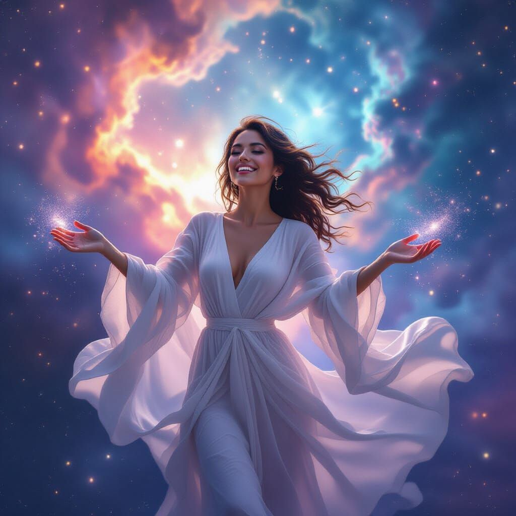 Ethereal Woman in Flowing Robes Amidst Nebula