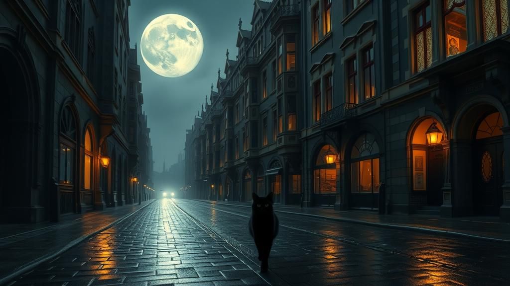 Black Cat Under Nebula Moon in Moody Lighting