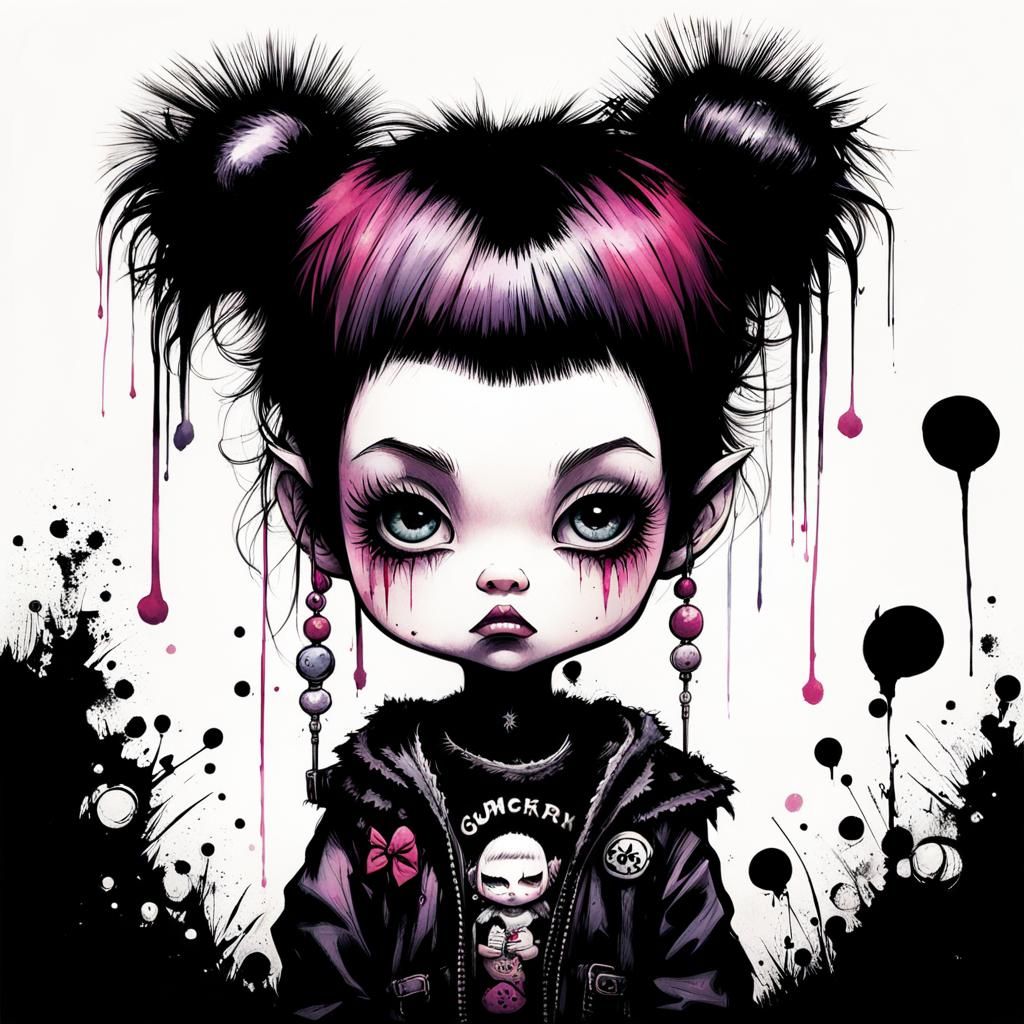 Adorable Goth Punk Girl Ink Illustration