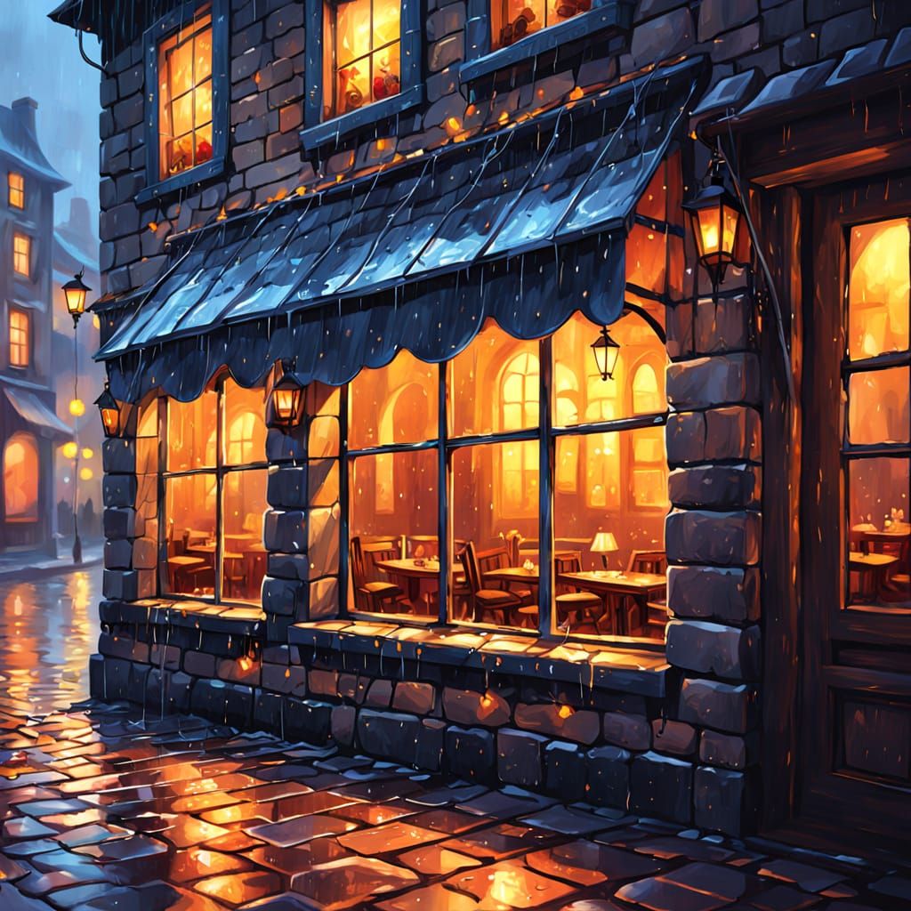 Cozy Tavern Window on Rainy Night
