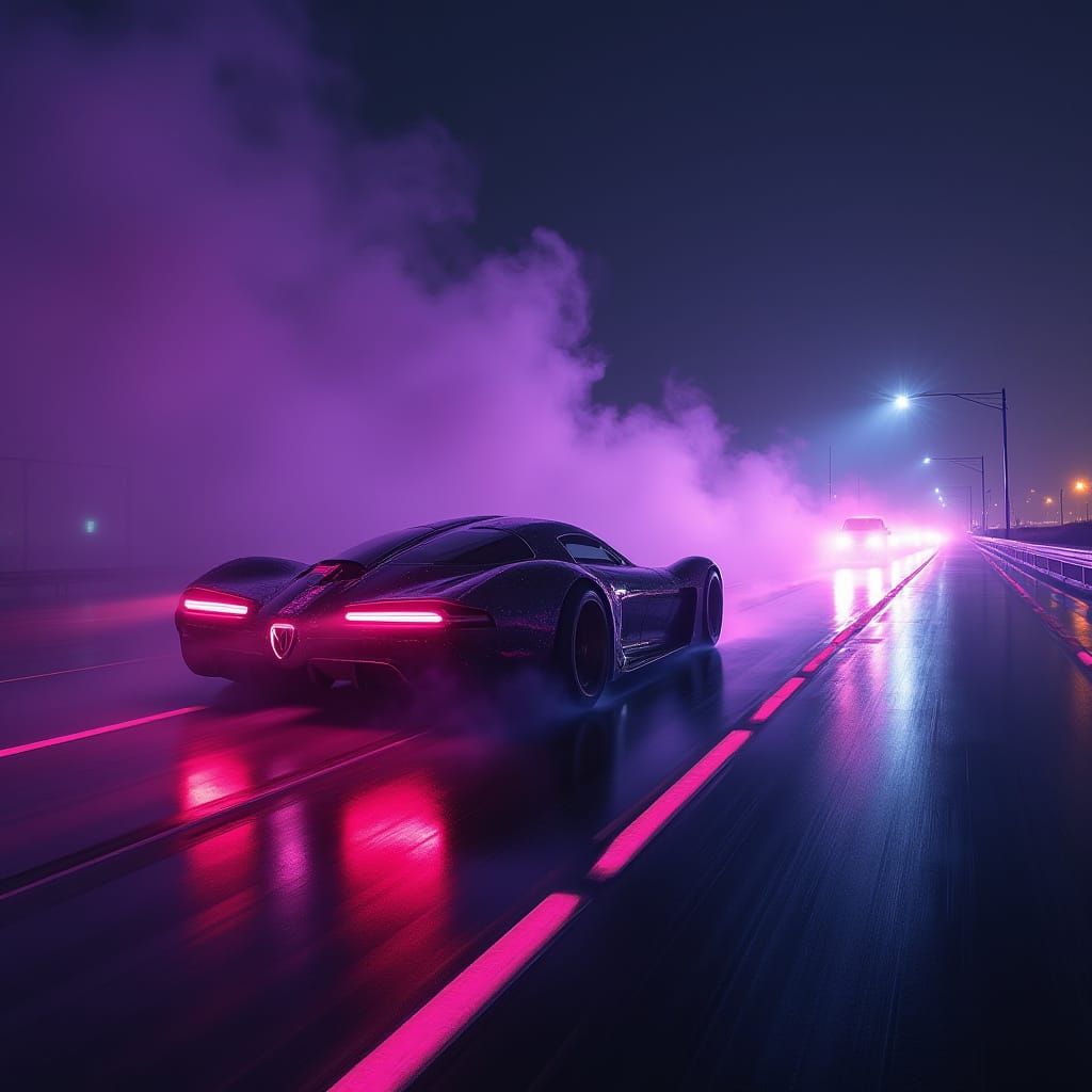 Futuristic Car on Neon Highway in Retro-Futuristic Style