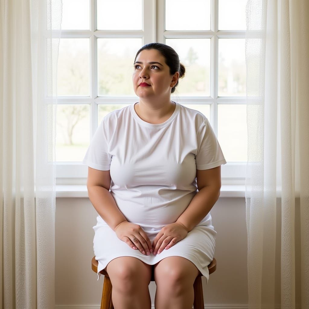 Shy Woman in White Dress by Window