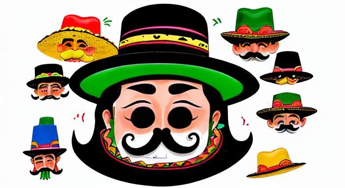 Whimsical depiction of an anthropomorphic Mexican taco with a face, little black mustache, and a Mexican hat. Created in...