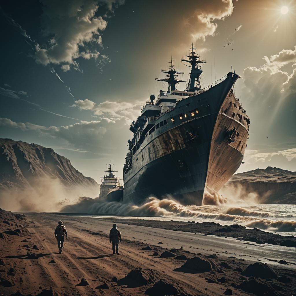 Ship Emerges from Earth: Cinematic Film Still