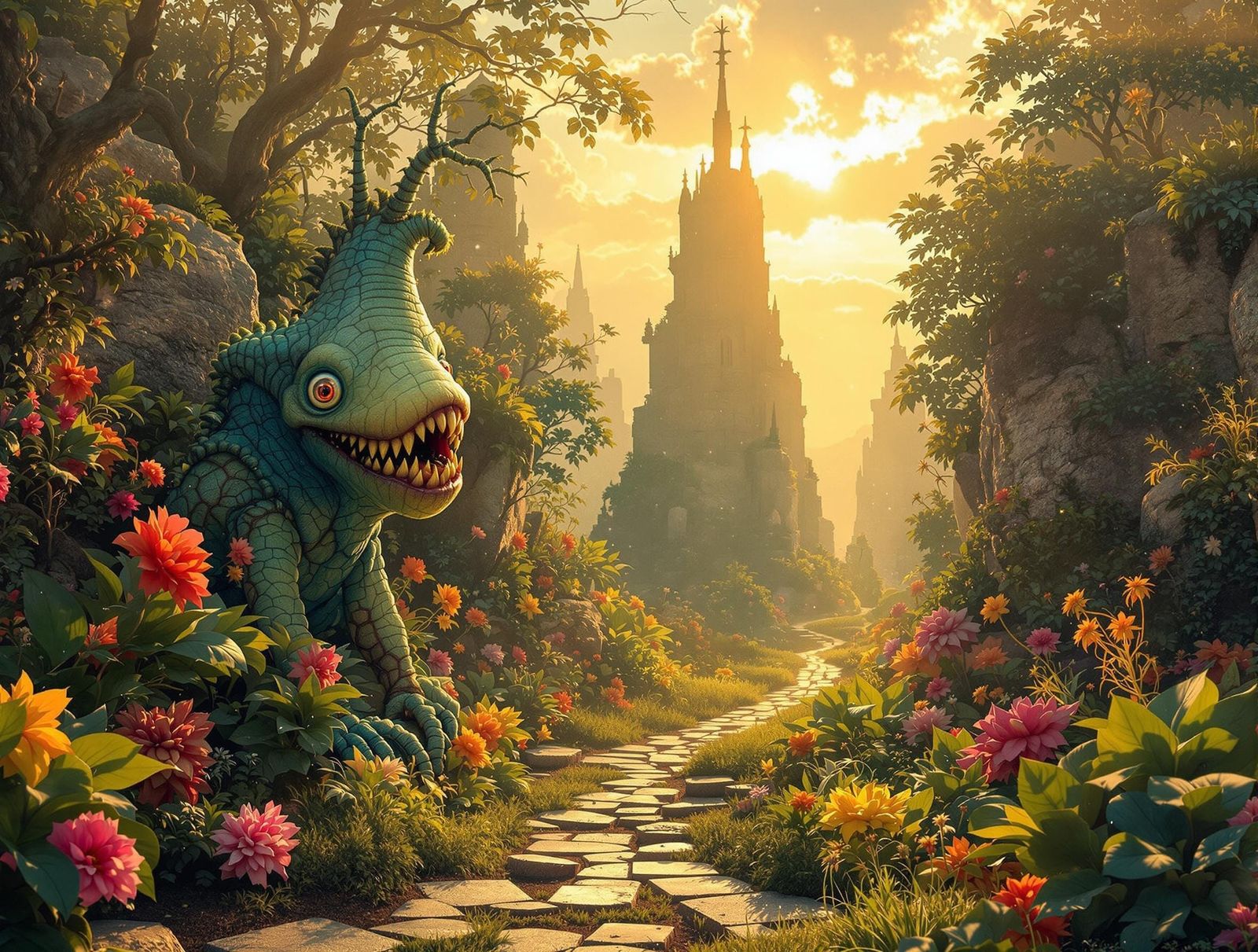 Grotesque Anthropomorphic Creature in Florid Landscape