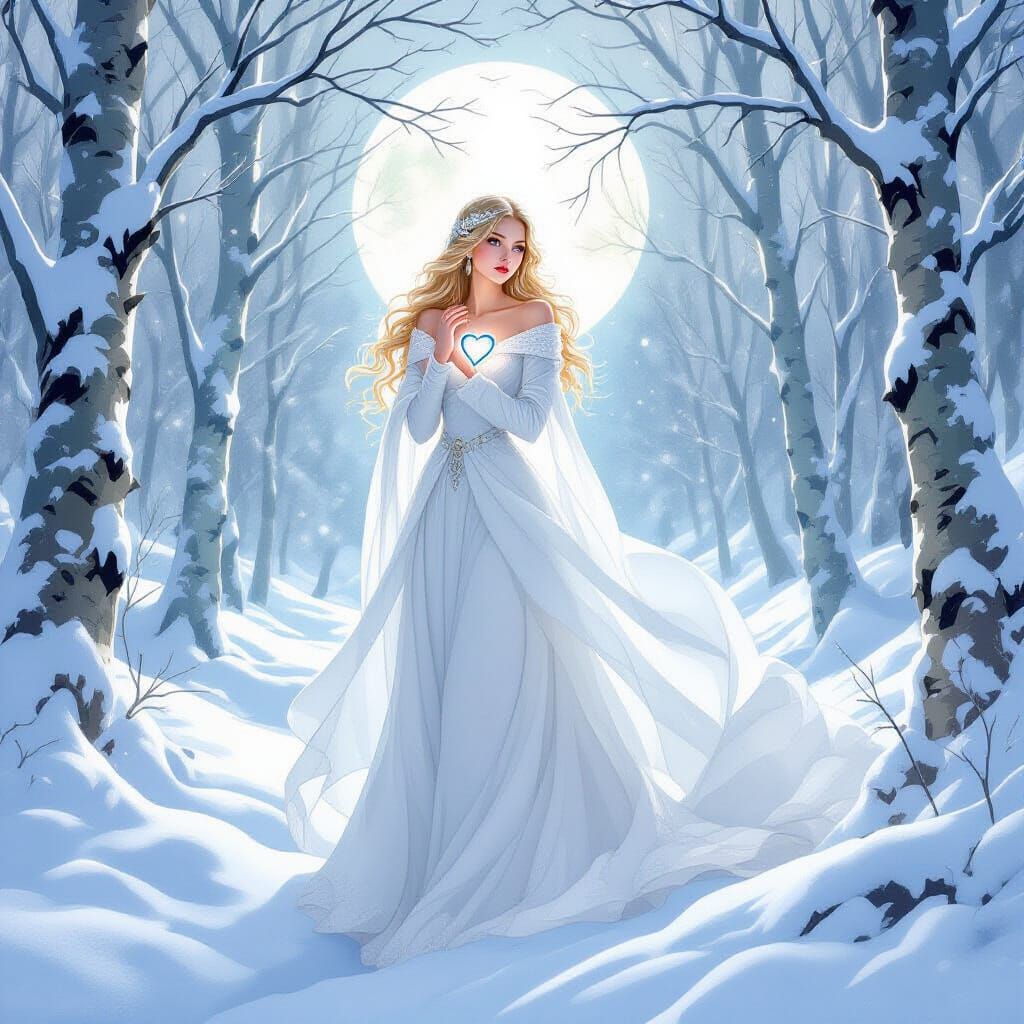 Ethereal Ice Queen in Snow-Covered Forest, Digital Painting