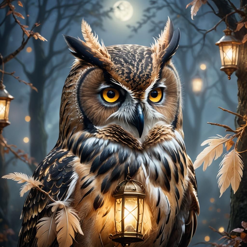 Ethereal Owl with Glowing Eyes in Misty Moonlight