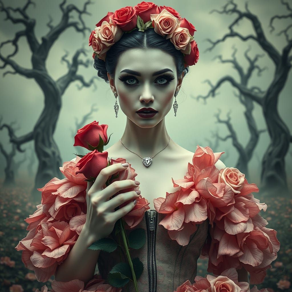 Gothic Vampire Woman in Floral Crown and Ball Gown