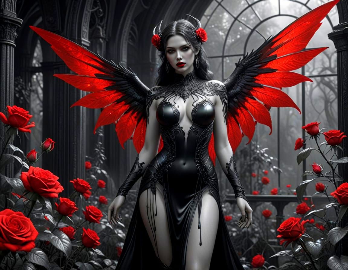 Ethereal Red-Winged Demon in Graphite Pencil Style