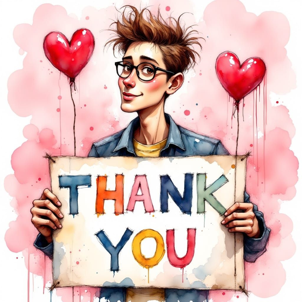 Ink Art Portrait of a Smiling Young Gay Man Holding a Heartf...