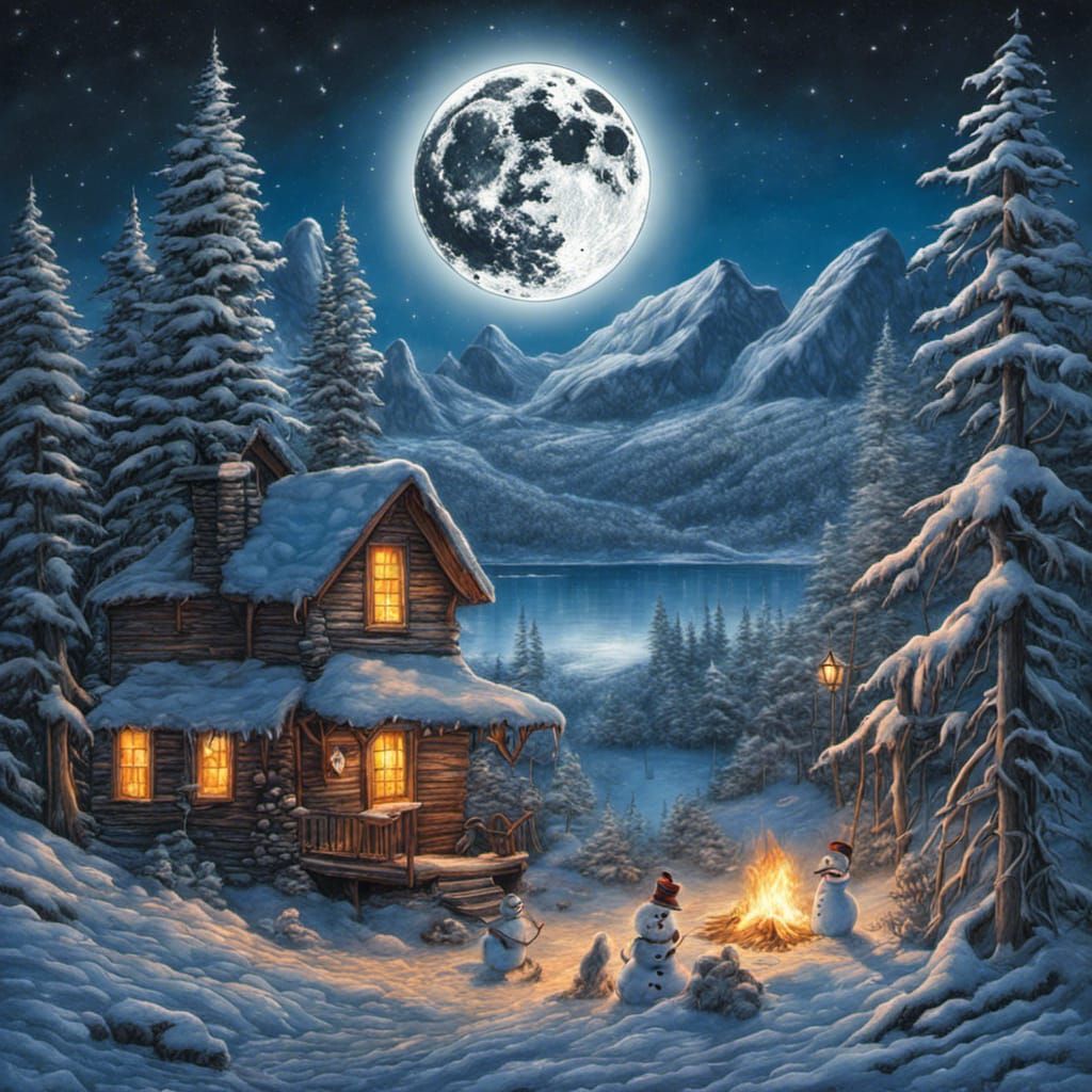 Winter Lake Scene with Snowmen in Colored Pencil Style