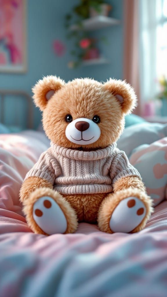 Hyperrealistic Teddy Bear in Pastel Room