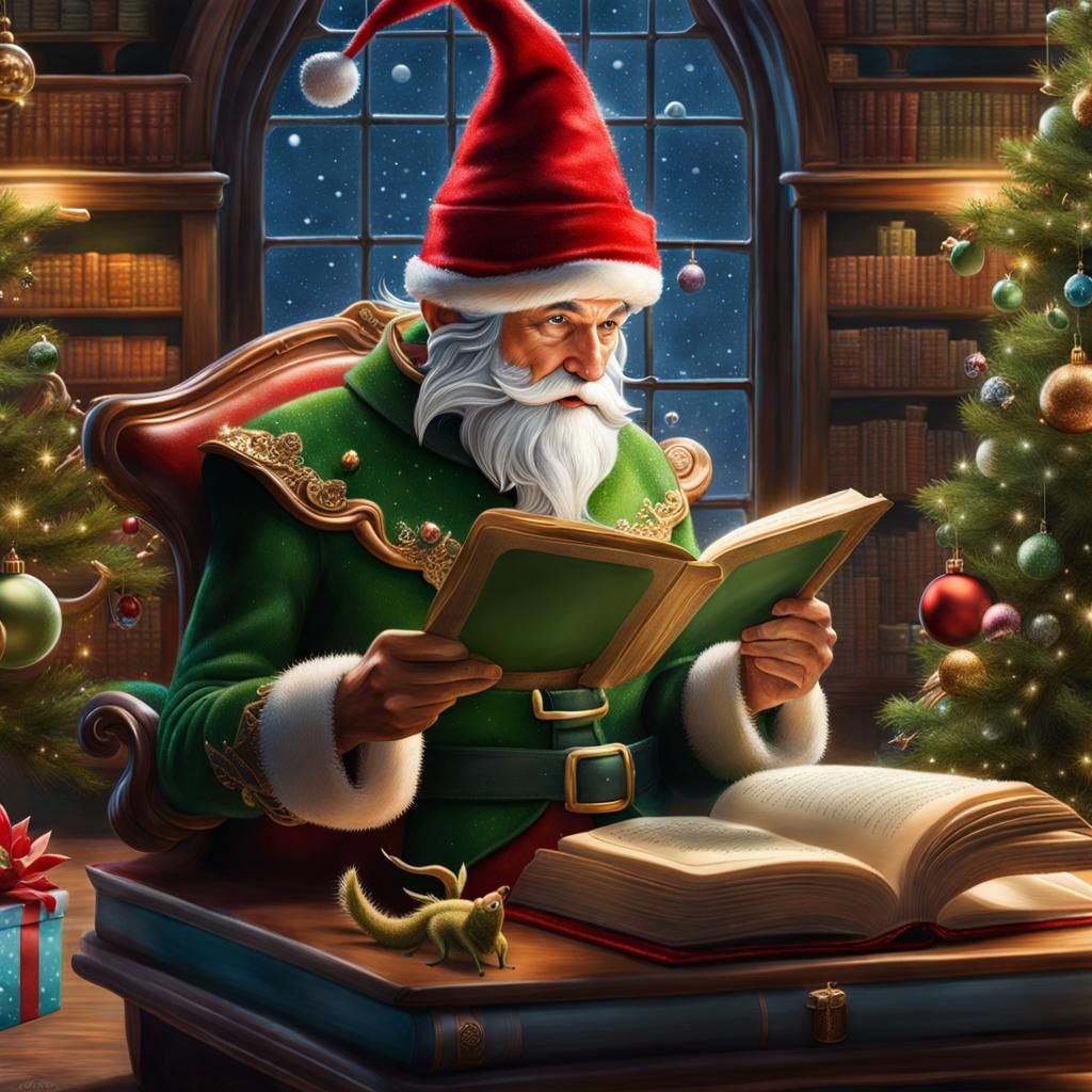 Christmas Elf Reading Book in Cozy Library