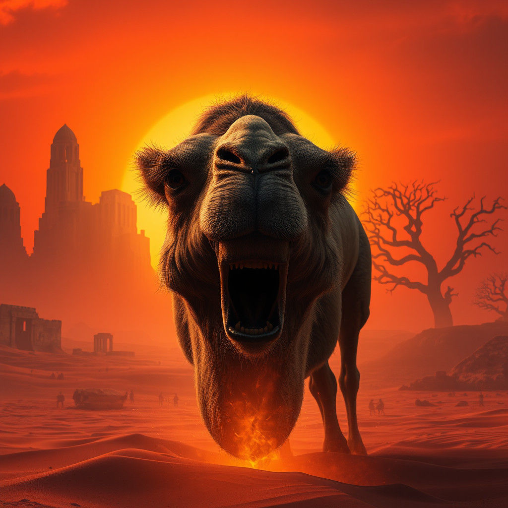 Terrified Camel Under Fiery Desert Sunset