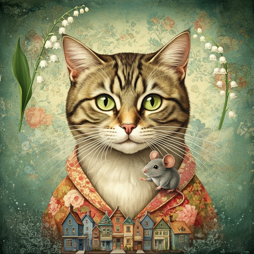 Whimsical Floral Wonderland with Feline and Rodent Friends