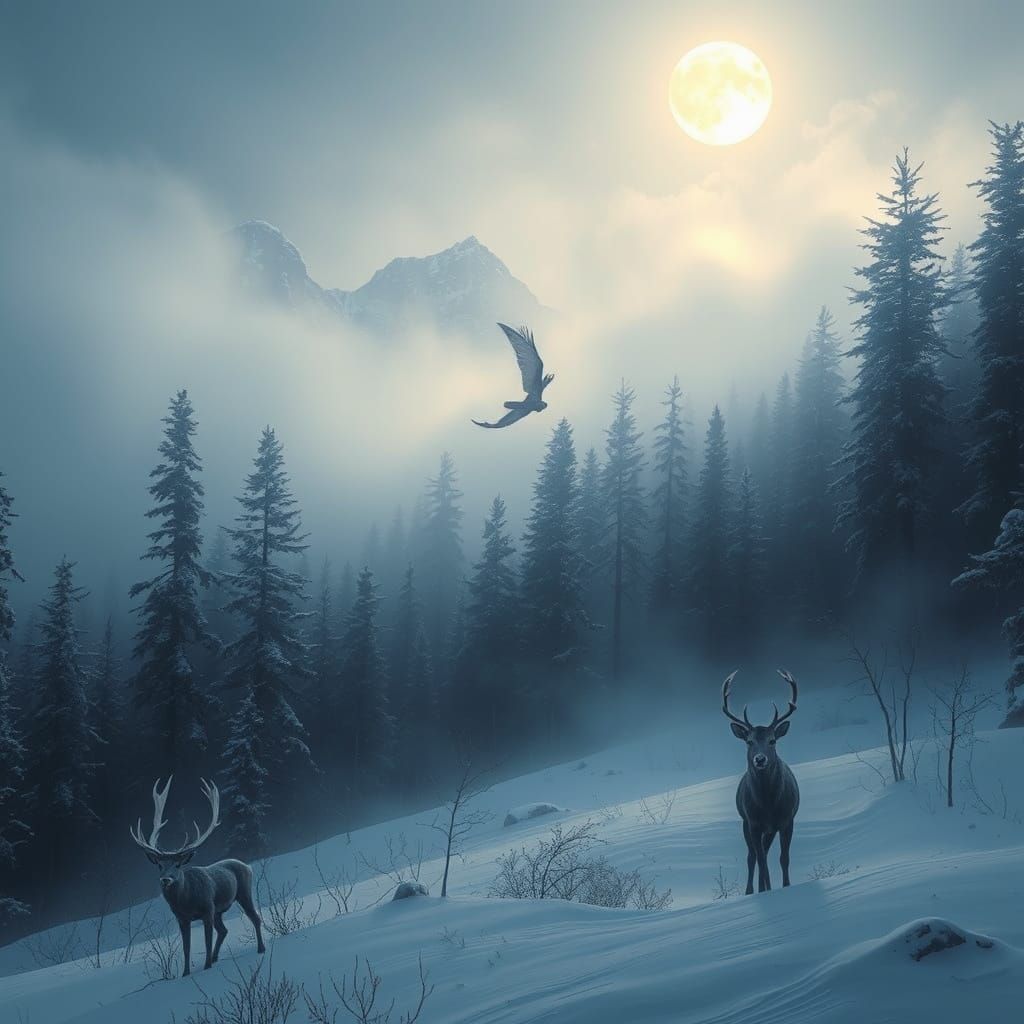 Surreal Winter Forest with Majestic Stag in Soft Luminescent...