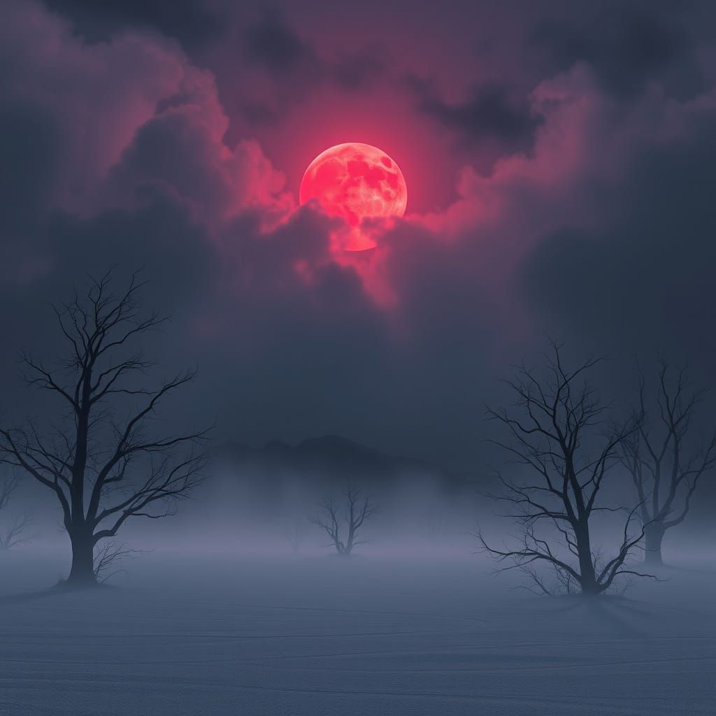 Blood Moon Rising Over a Foggy Winter Landscape