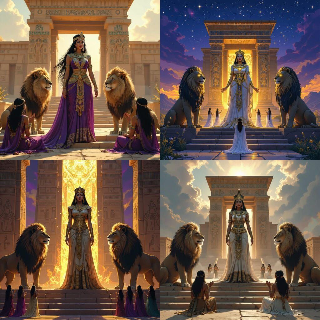 Sumerian Goddess Innana Overlooks Her Temple With Lion Escor...