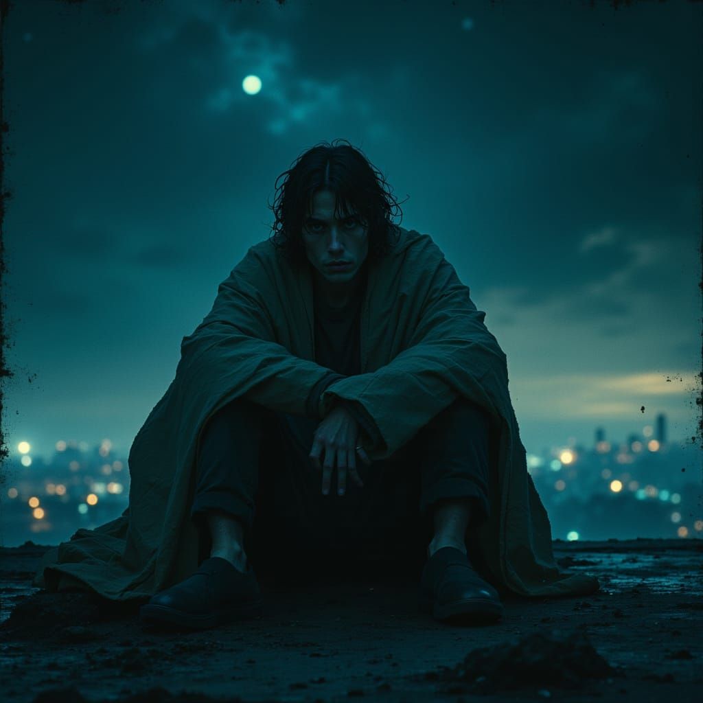 Man on Rooftop at Night, City Lights Below