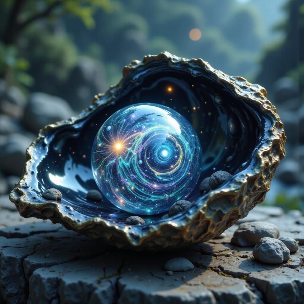 Obsidian Oyster Shell Pearl Reflecting Underwater Galaxy