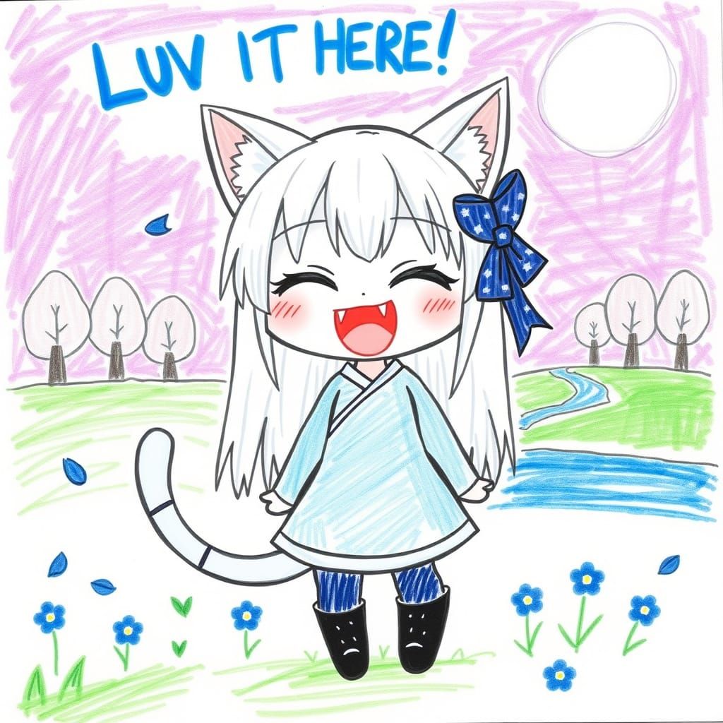 Adorable Anime Catgirl in Crayon Drawing Style
