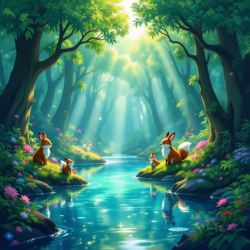 Enchanting Forest Pool with Animals