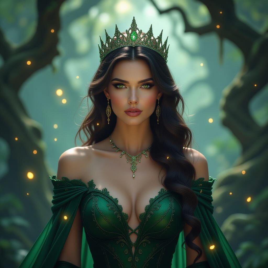 Mysterious Queen in Emerald Gown Amidst Ancient Trees