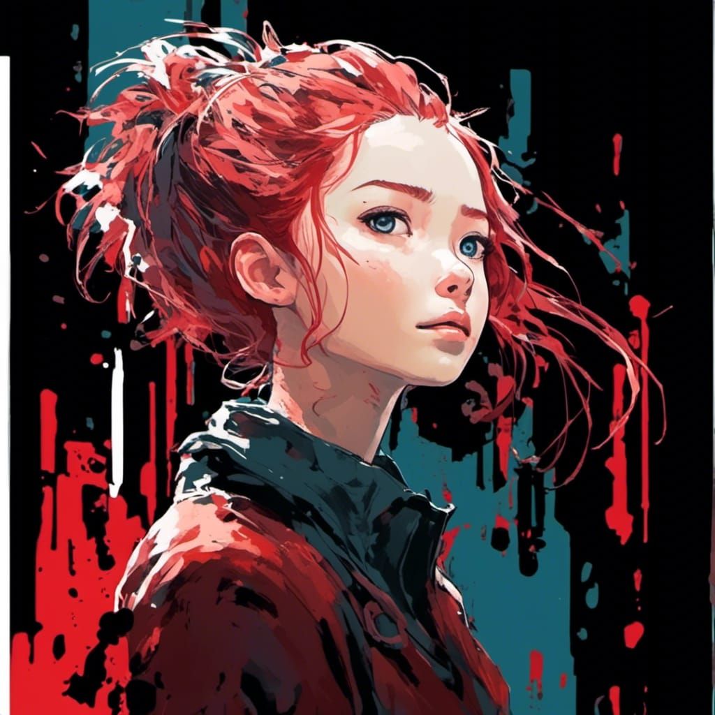 Anime Headshot with Flowing Red Hair