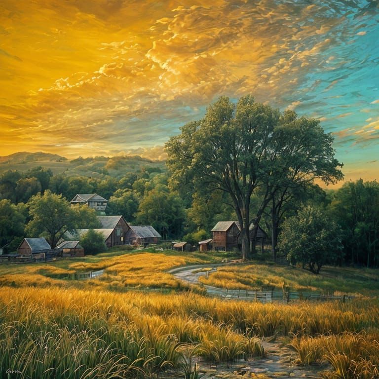 Golden Wheat Field Oil Painting with Bubbling Brook