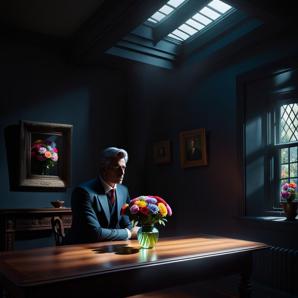 Brooding Man in Dark Room with Flowers