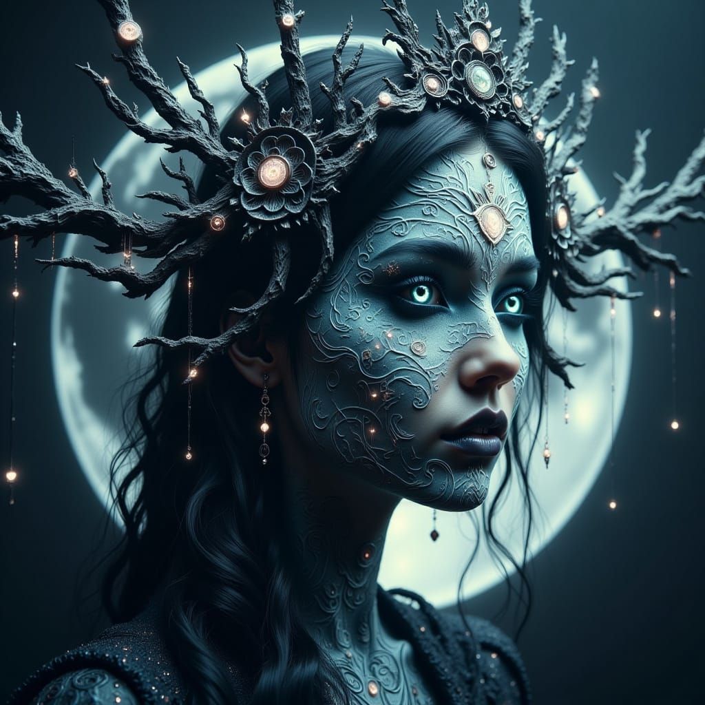 Mysterious Moon Priestess with Glowing Runes