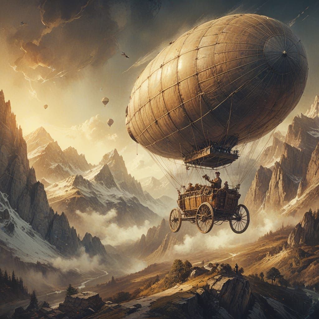 Vintage Zeppelin Over Mountains in Fine Art Style