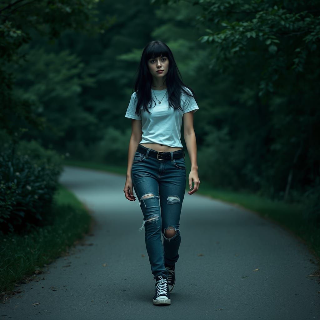 Goth Woman Walking Park Path in Moody Lighting