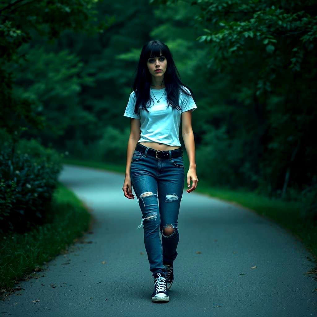 Goth Girl Walking Alone in Park, Photorealistic Style